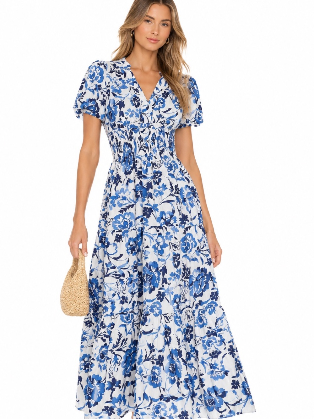 Bellambriana Italy Blue White Floral Smocked Waist Tiered Maxi Dress